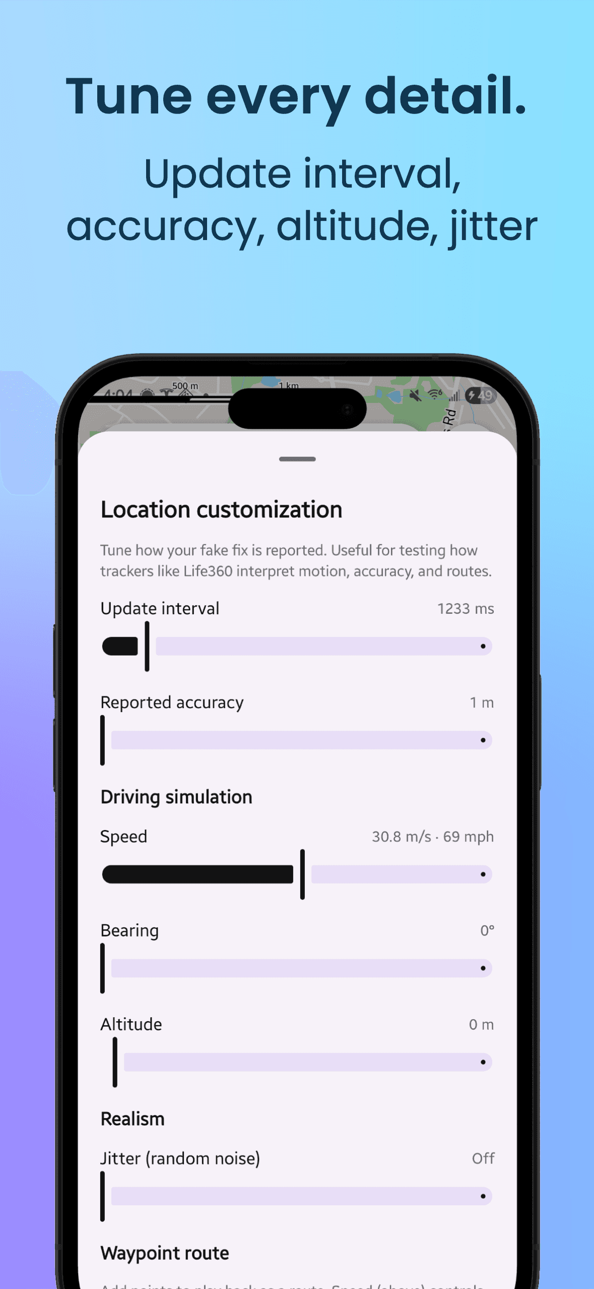 Location customization: update interval, reported accuracy and driving simulation