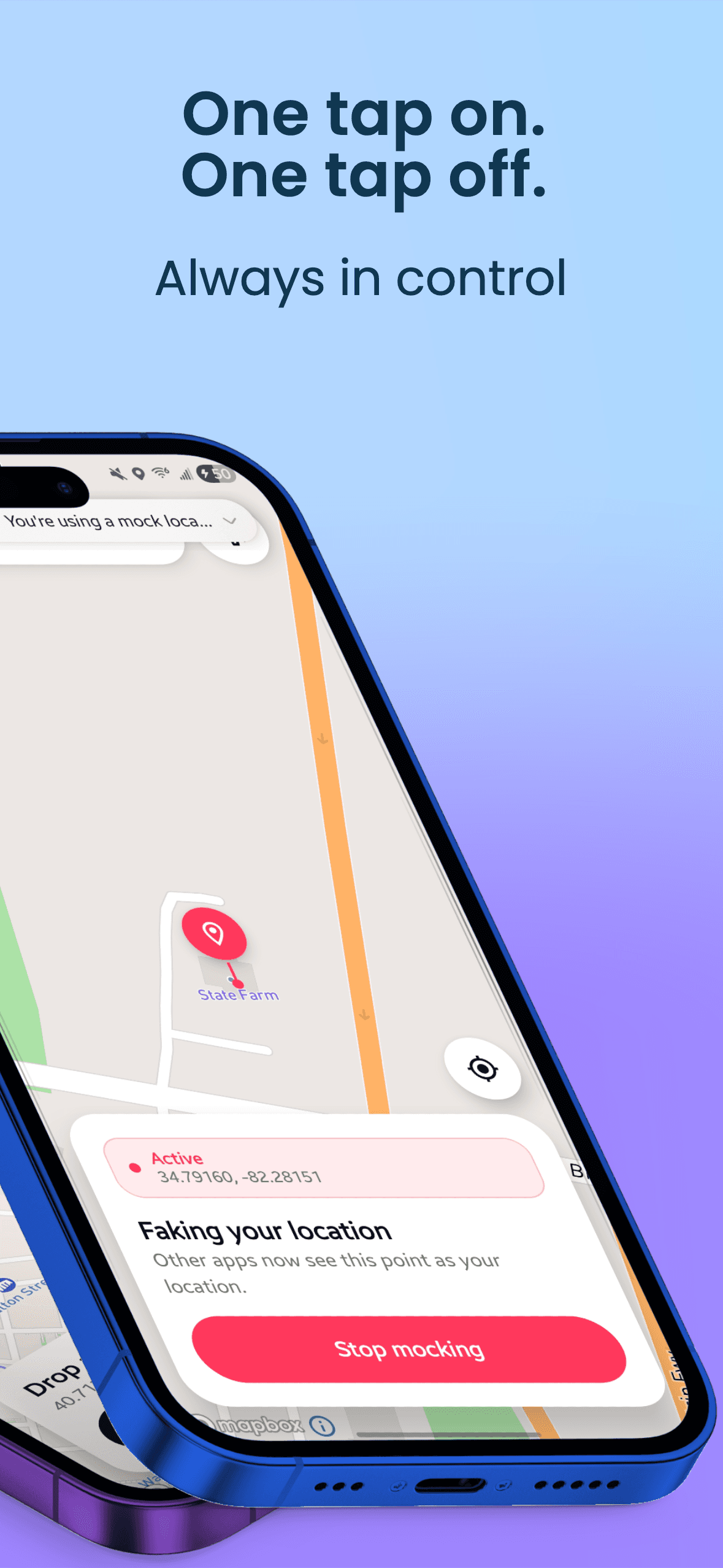 Active mock location card with a Stop mocking button